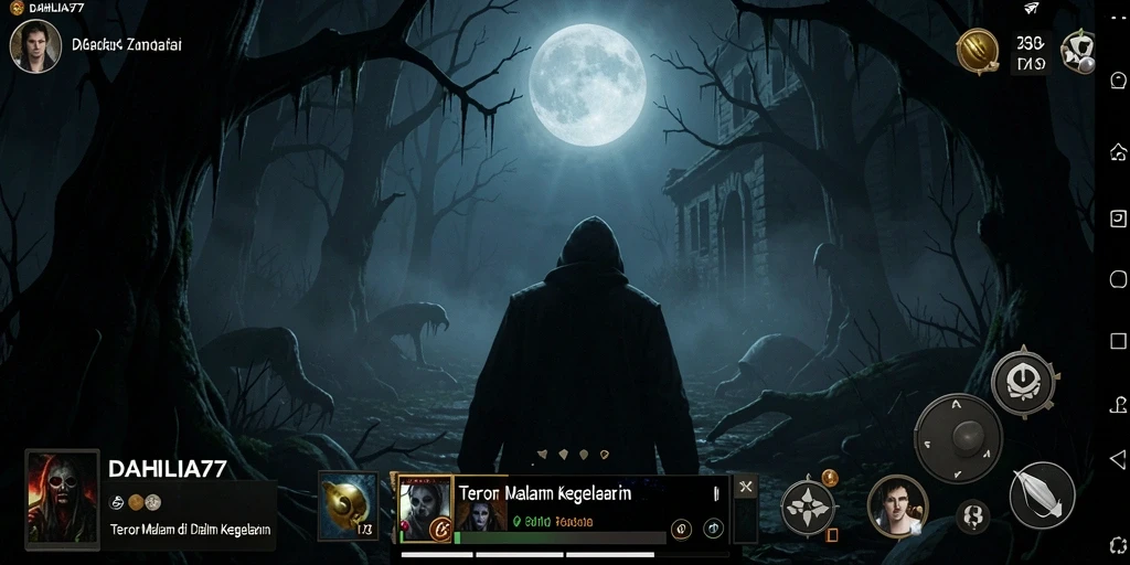 Screenshot dari gameplay menegangkan di DAHLIA77 dengan suasana Horror yang mencekam.