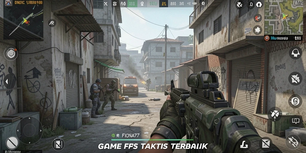 Tangkapan layar gameplay FIONA77 yang menegangkan dengan aksi FPS yang intens.