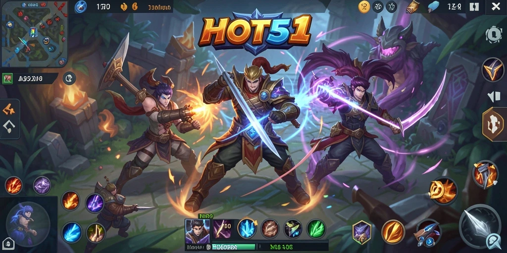 Screenshot permainan <strong>HOT51</strong> menampilkan aksi pertarungan MOBA yang dinamis.