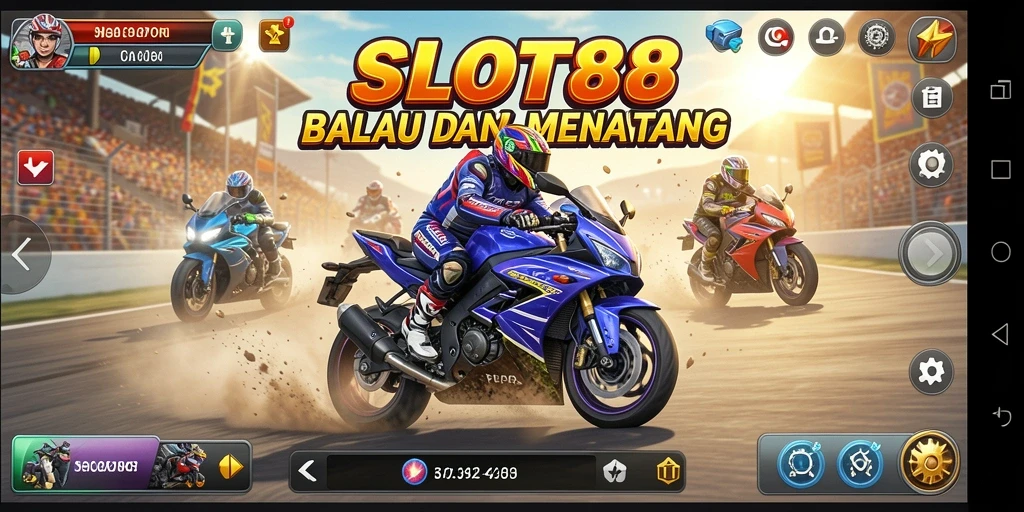 Screenshot utama menampilkan aksi balapan motor yang mendebarkan.